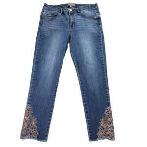 Womens Cropped Jeans 6P Embroidered Hem Raw Wash Petite Stretch Denim Blue Boho